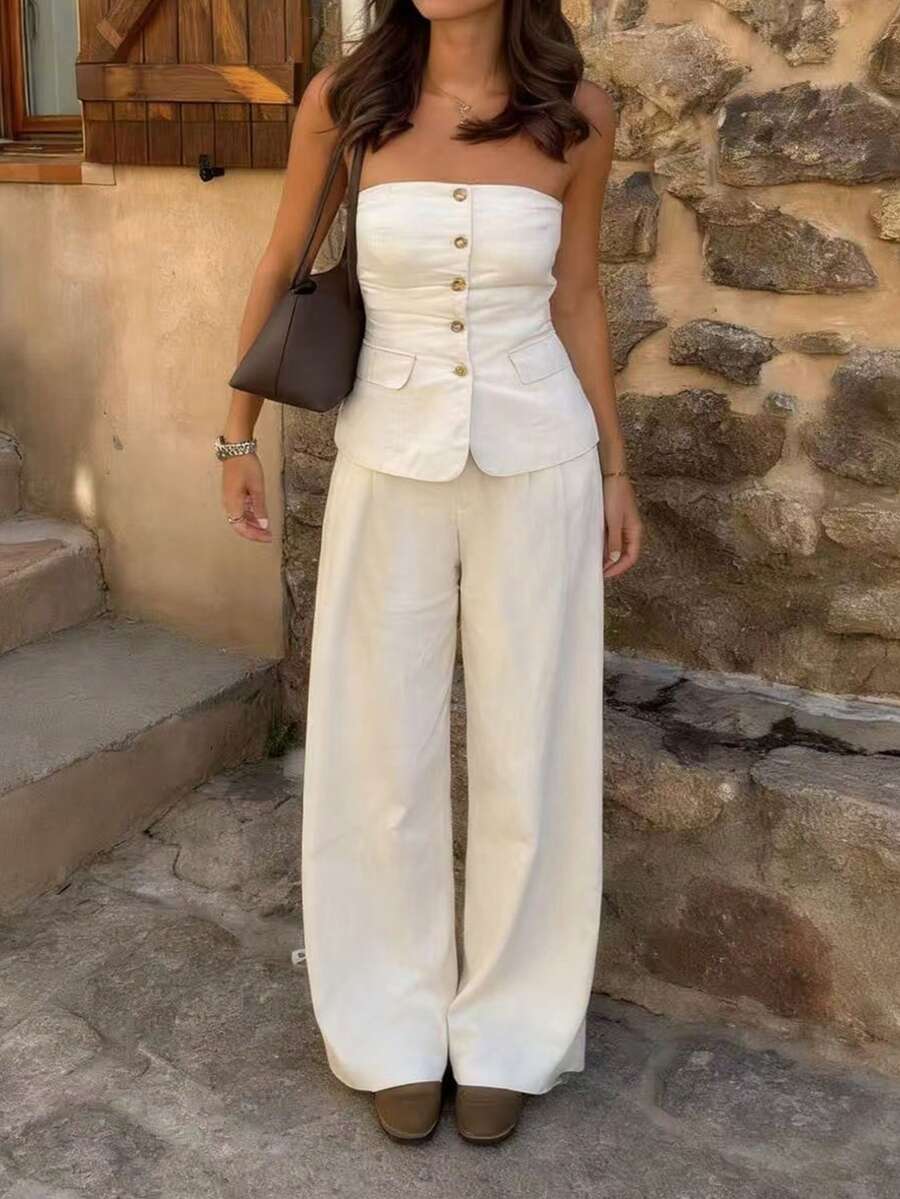 PoPoHouse Women's Elegant Two Pieces Set Sexy Backless Strapless Button Down Top & Loose Wide-Leg Pants Daily Casual Office Commute Summer Beach Vacation Going Out Outfit White Set - White - View 1