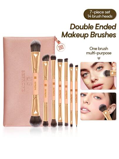 SEPROFE 7pcs Double-Ended Makeup Brush Set, Multi-Purpose 2-In-1 Makeup Brushes With 14 Brush Heads, Suitable For Blush, Eyeshadow, Concealer, Eyeliner, Eyebrow Cosmetics, Includes 1 Luxury Makeup Brush Holder