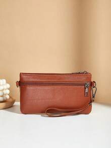 Cartera de mano larga de unicolor, bolsa con cremallera multifunción con múltiples compartimentos y ranuras para tarjetas - Marrón - Ver 3