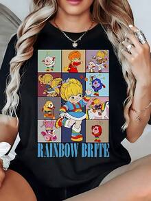 Serie colorida con personajes alegres y arcoíris que transmiten energía positiva y fantasía mostrando escenas divertidas que evocan la infancia y la  camiseta de mujer 220g casual para uso diario - Negro - Ver 1