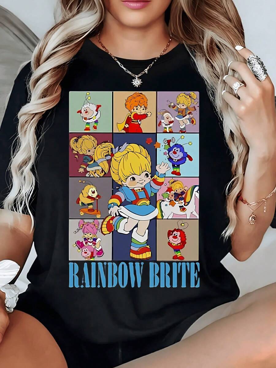 Serie colorida con personajes alegres y arcoíris que transmiten energía positiva y fantasía mostrando escenas divertidas que evocan la infancia y la camiseta de mujer 220g casual para uso diario - Negro - Ver 1