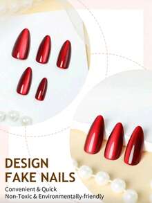 24pcs Minimalist European And American Red Press-On Nails, Medium Almond Shape, Elegant Cat Eye Design, Glossy Full Coverage False Nails, Nail Care Set With Gel Polish And File For Women And Girls - Red - View 2