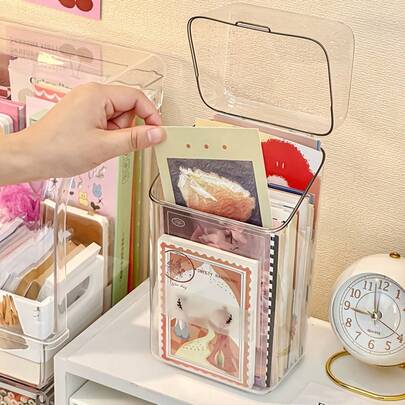 1pc Desktop Storage Box, Postcard Holder, Card Display Rack, Suitable For Bookmark, Celebrities & Anime Merchandise, Item Storage, Dust-Proof With Cover, Transparent, Stationery, School Supplies, Office Desk & Drawer Storage