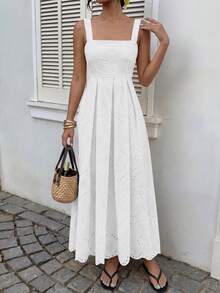 Womens Sleeveless Maxi Summer Dresses 2026 Hollow Out Eyelet Square Neck Ruffle Flowy Beach Vacation Sundress - White - View 4