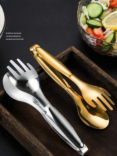 Stainless Steel Gold Salad Tongs, Non-Slip Handle, Smart Lock, Multi-Function Tool, Suitable For Cooking, Serving, Barbecue, Buffet, Salad, Ice Cubes, Oven And More