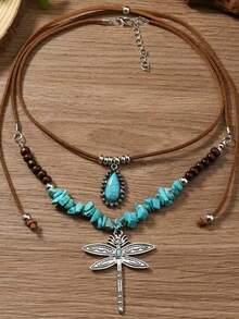 2pcs Bohemian Style Women's Fashion Pendant Necklace, Asymmetrical Stone Inlaid Wooden Bead Chain With Dragonfly Decor, PU Leather Material, Suitable For Festivals, Parties And Casual Outfits - Silver - View 3