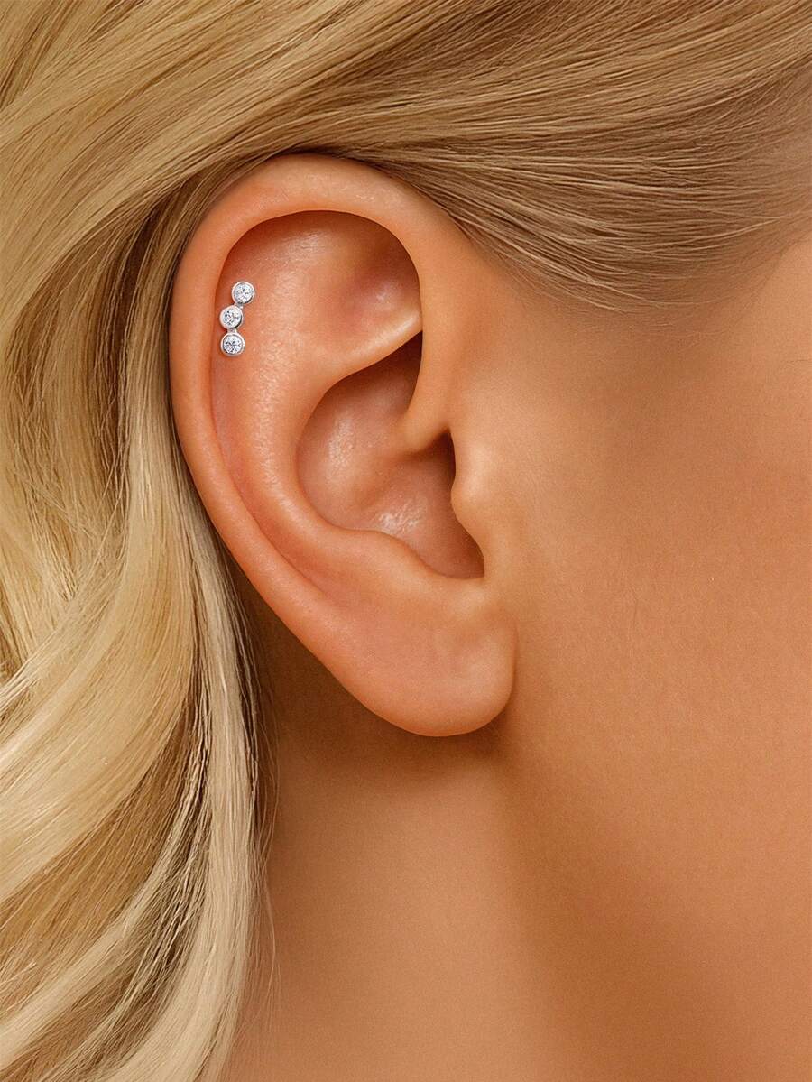 1 chiếc khuyên tai bạc sterling 925 tinh tế, tối giản, đính 3 viên đá Moissanite tròn, kiểu dáng phẳng, có ren, thích hợp cho xỏ khuyên sụn tai, không gây dị ứng, quà tặng cho nữ và bé gái, thích hợp đeo hàng ngày, dự tiệc, đám cưới. - Bạc - Xem 1