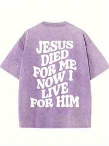 1 Piece 230G Retro T-Shirt For Unisex, JESUS DIED FOR ME NOW I LIVE FOR HIM Print Oversized Cotton Solid Drop Shoulder T Shirts For Men Vintage Streetwear Basic Tees Baggy Hip Hop Unisex Tops Acid Wash T ShirtRound Neck Loose Fit T-Shirt - Light Purple - 查看 2