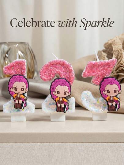 女巫猎人小队 Rumi 人物数字蜡烛 0-9 粉色渐变闪光人物生日蛋糕装饰，适合女性里程碑 Y2K 闪亮动漫爱好者派对装饰，美观甜品桌装饰拍照道具