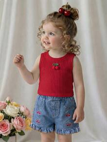 女婴华夫格纯色樱桃图案无袖圆领上衣 + 休闲刺绣牛仔裤 - 酒紅色 - 查看 4