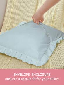 1pc Honeymoon Series Ruffled Quilted Throw Pillow Cover - Made Of Polyester Velvet Fabric, Romantic French Style Ruffled Pillow Sham (Pillow Insert Not Included), Envelope Closure, Wrinkle Resistant, Machine Washable, OEKO-TEX Certified, Ice Blue - Ice Blue - View 4