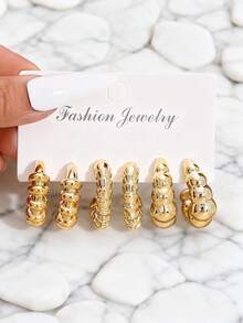 1 Set Fashionable Minimalist Retro CCB Metal Twisted Stripe Geometric Pattern Multi-Element Earrings Set, Suitable For Women's Daily Wear, Birthday Gift For Friends - Yellow Gold - View 8