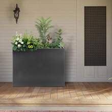 GCCSJ Rectangular Planter,Tall Metal Planter Box For Outdoor Plants 32"X 12"X 24" , Heavy Duty Steel Large Rectangular Planter Box With Removable Insert Shelf, Modern Décor For Tall Plants, Trees, Flowers Rust Resistant With Drainage Holes & Included StandGray - Grey - View 9