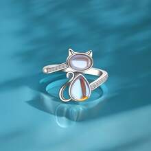 Anillo abierto ajustable con diseño de gato con piedra lunar, anillo de moda con forma de animal de piedra preciosa sintética minimalista - Plateado - Ver 7