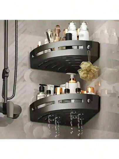 2件套角落淋浴置物架，黑色壁挂式浴室收纳架，塑料材质，带排水孔，适用于厨房和浴室，防裂（适用于光滑瓷砖，不适用于纹理瓷砖）