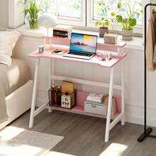 31.5"L Compact Computer Desk With Bookshelf, Home Office Gaming Table, Minimalist Bedroom Workstation, Sturdy Metal Frame And Monitor Mount, Brown Desk Color, Ideal For Small Spaces - 粉色 - 查看 3