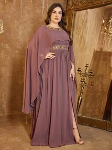 SUPGIR Crew Neck Shawl Flare Sleeve Luxury Beaded Embroidered Cinched Waist Maxi Formal Evening Gown - Dusty Pink - View 5