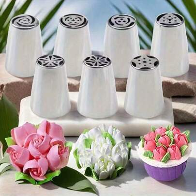 7pcs Stainless Steel Piping Tips Set - Perfect For Cupcakes, Cakes & Cookies - Essential Baking Tools For Home Chefs