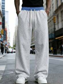 1 pieza Pantalón de chándal de pierna recta y corte holgado para hombre, diseño de parche en la cintura, bolsillos laterales, pantalón cómodo de estilo deportivo para primavera/otoño, tela de punto, material duradero - Gris - Ver 9