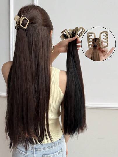 [Kẹp tóc vuông màu nâu + Kẹp tóc đuôi ngựa màu đen / nâu nhạt / nâu đậm / đen-nâu] 1 chiếc Tóc giả đuôi ngựa 18 inch Thời trang nữ Sợi tổng hợp Không đường nối Kẹp tóc đuôi ngựa thẳng Tóc đuôi ngựa thẳng (1 chiếc/bộ Kẹp tóc vuông bằng nhựa nhẹ màu nâu 4cm)