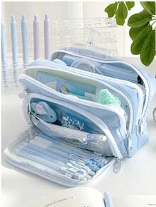 1pc Macaron Style Large Capacity Pencil Case, INS Style Portable Handheld Stationery Storage Bag, 3-Layer Design With Transparent Window, Multifunctional Cosmetic Bag For Daily Use, Ideal Back-To-School Essential Stationery Bag For Students And Young Office Workers - Multicolor - View 10