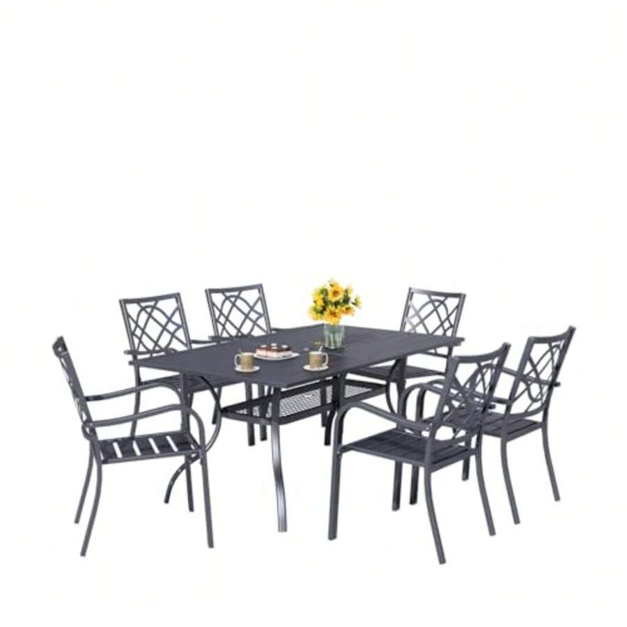 7 Pieces Patio Metal Furniture Outdoor Dining Set With 6 Stackable Bistro Chairs And 60'' X 37'' Rectangle Table With Umbrella Hole Black - 黑色 - 查看 1