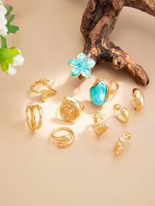 10件套优雅几何仿珍珠镶嵌金属滴油花、不规则水滴、贝壳、海星叠戴戒指套装，奢华精致，适合婚礼、派对、度假、休闲、街头风等场合，男女皆宜，亦可作为节日、生日礼物。 - 戒指 - 查看 6