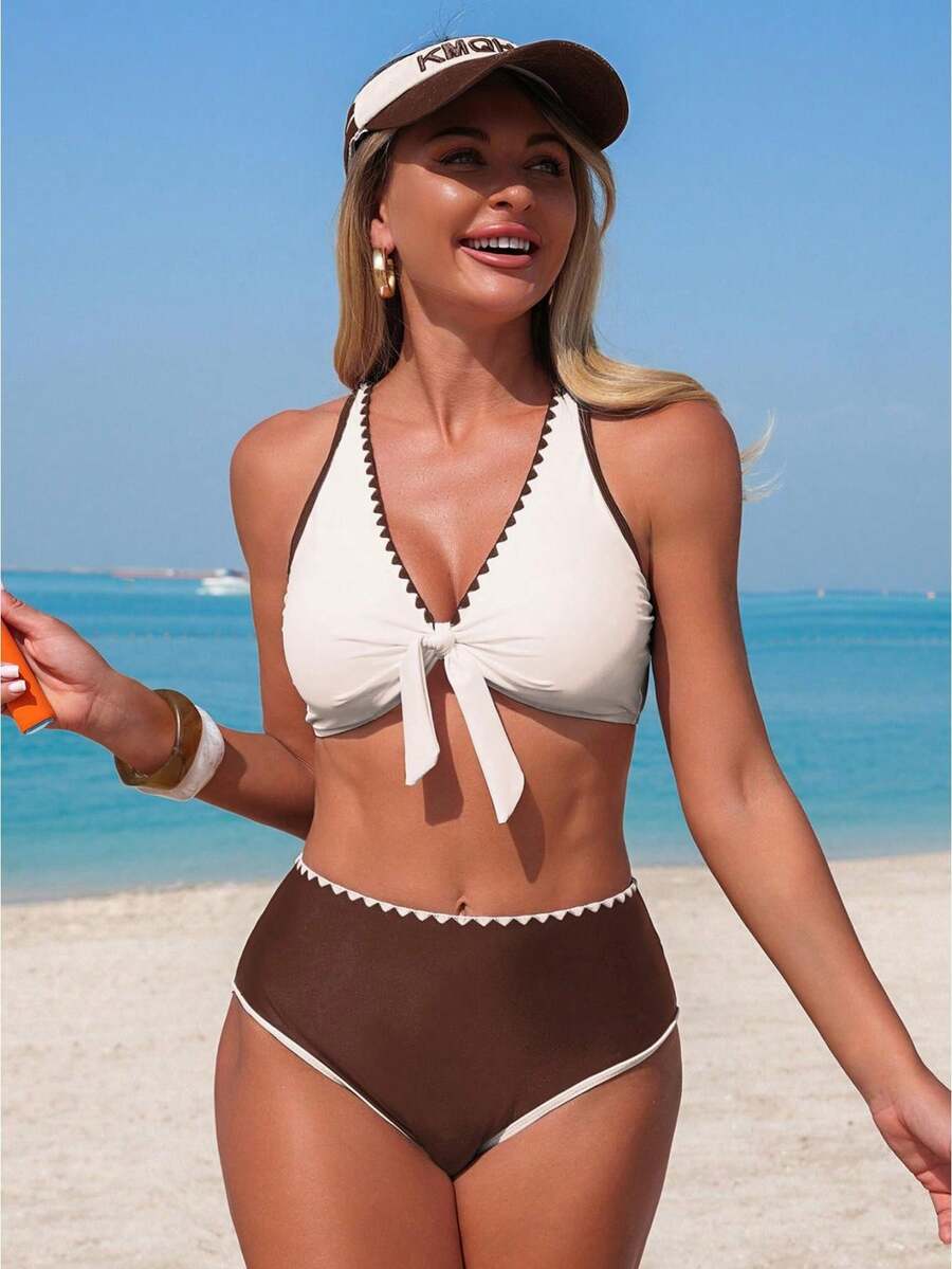 Conjunto de bikini con recorte de contraste para mujer, sujetador con nudo delantero, shorts de cintura alta, traje de baño de dos piezas con almohadillas extraíbles - Café integral - Ver 1