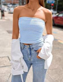 Women's Spring Striped Strapless Crop Tube Tops 2026 Summer Knit Bandeau Going Out Shirts Y2K Beach Vacation Outfits - Màu xanh nhạt - Xem 3