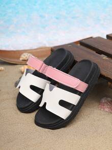 1 Pair Summer Kids Flat Thick Sole Slide Sandals, Fashion Versatile Hook And Loop Design Slip-On Girls Slippers, Suitable For Outdoor, Party, Beach - Pink - View 5