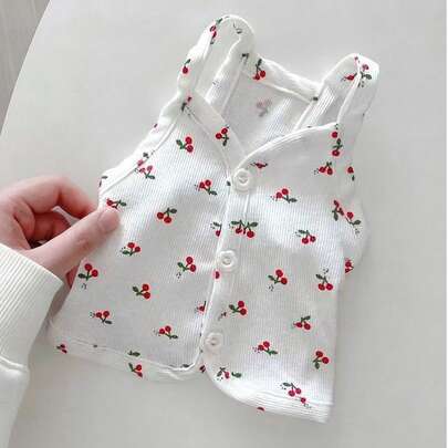 可爱樱桃印花宠物背心 - 柔软舒适弹力纽扣宠物背心，适合小型和中型犬猫，轻便透气，春夏宠物服装