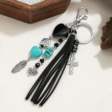 1 pieza Llavero con colgante de cuero con borla, estilo vaquero occidental retro, con hoja y cabeza de toro de metal, perfecto como regalo para amigos - Multicolor - Ver 2