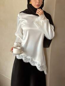 新款白色缎面蕾丝衬衫，优雅圆领长袖设计，不对称蕾丝袖口，修身显瘦的穆斯林职业衬衫，春季款 - 白色 - 查看 3