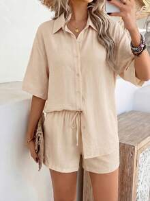 PoPoHouse 女士两件套夏季套装，波西米亚风休闲时尚装，度假沙滩套装，卡其色短袖衬衫和短裤套装，女士假日服装 - 淺卡其 - 查看 6