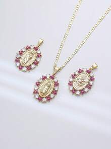 1pc 3D Hollow Virgin Mary, St. Jude, St. Michael Flower Stone Pendant Necklace, Suitable For Men And Women Daily Wear, Party, Prayer - Multicolor - View 4
