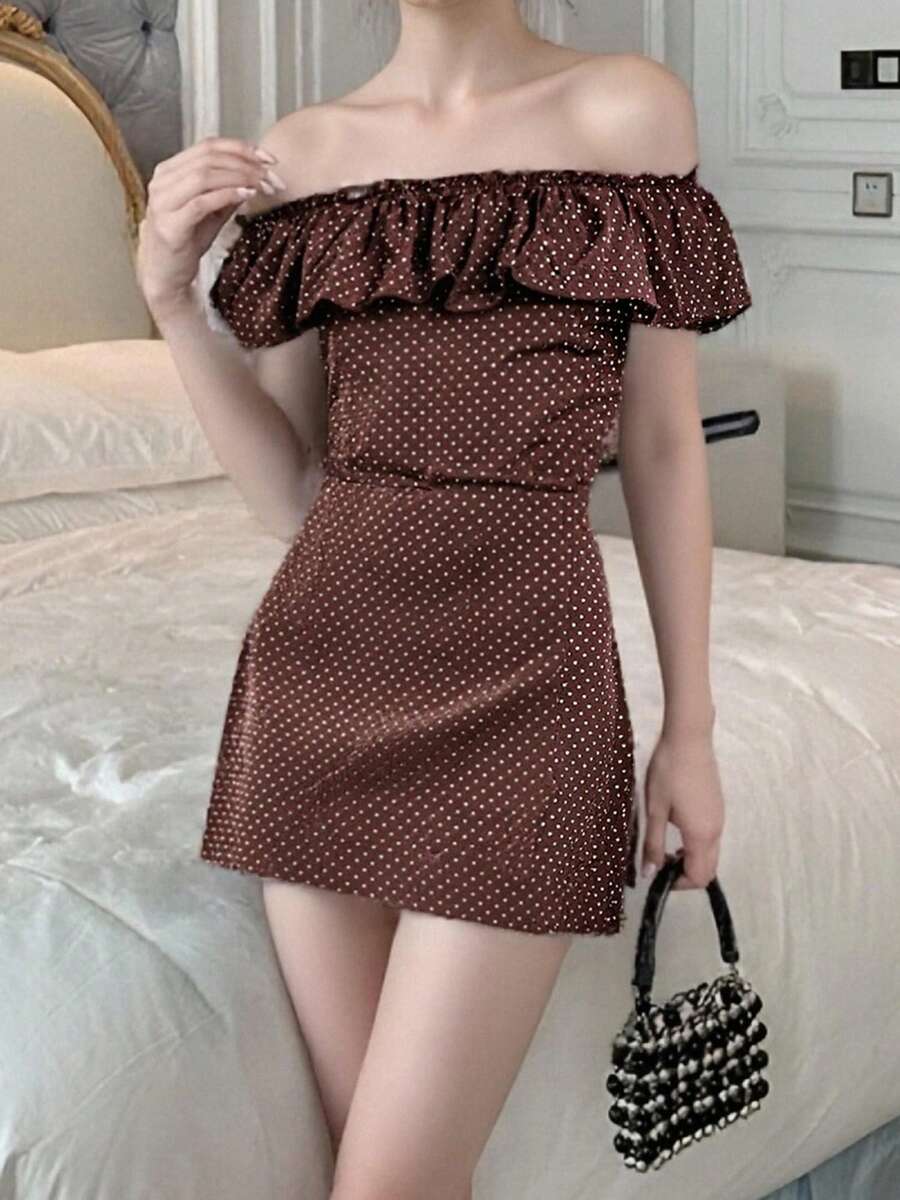 Women's Off Shoulder Dress Ruffle Sleeveless Dots Print Slim Fit Mini Dress For Party Club Dating - marrón oscuro - Ver 1