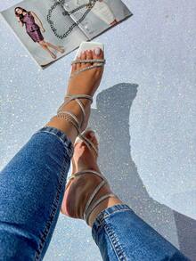 Women's Rhinestone Heeled Sandal With Tie - Sparkly - Elegant / Party - White - View 4