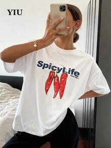 YIU 女士休闲针织短袖宽松辣椒印花舒适圆领常规版型T恤，新款春夏日常穿着 - 白色 - 查看 1
