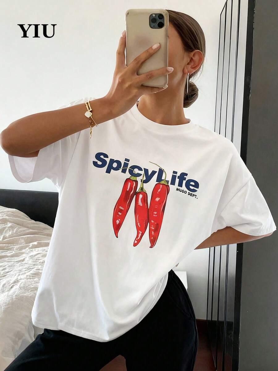 YIU 女士休闲针织短袖宽松辣椒印花舒适圆领常规版型T恤，新款春夏日常穿着 - 白色 - 查看 1