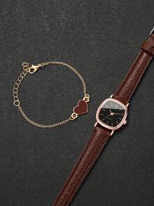 Set de 2 piezas: Reloj de pulsera de cuarzo elegante para mujer con esfera cuadrada y esfera pequeña + Pulsera con dije de corazón (Caja de reloj no incluida) - Marrón - Ver 4