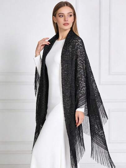 1件优雅复古宫廷风涤纶花卉蕾丝流苏披肩，多功能披肩，适用于晚礼服、婚礼、节日，适合所有季节