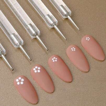 5pcs Flower Nail Art Dotting Pen Set, Nail Art Decoration Pens, Nail Painting Sculpture Rhinestone DIY Manicure Salon Supplies