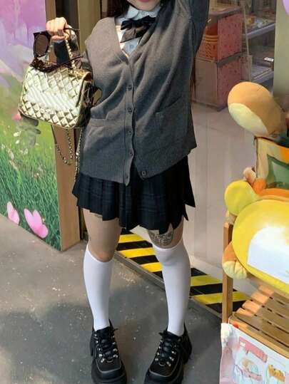 Bộ trang phục nữ sinh ngọt ngào 1 món: Áo + Chân váy xếp ly kẻ caro xám + Áo khoác cardigan dệt kim, bộ đồng phục nữ sinh kèm cà vạt, phù hợp cho học sinh, lễ tốt nghiệp, tiệc trà chiều, chụp ảnh cosplay.