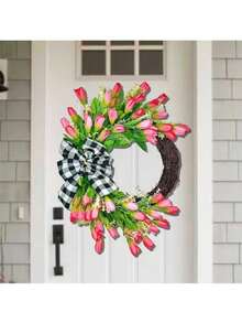 1pc Pink Tulip Wreath - With Green Leaves Wreath - Suitable For Spring/Summer Weddings, Valentine's Day Parties, And Year-Round Home Decor - Multicolor - View 8