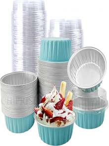 CHIPRISE 100-Piece Set (50 Cups + 50 Lids) Mini Cheesecake Containers With Lids, Paper Cupcake Liners, Disposable Aluminum Foil Cream Pudding Pots, Mini Pie Pans With Lids - Ideal For Puddings, Custards, Mini Cakes, And Other Desserts. Perfect For Parties, Weddings, Outdoor Events, And Holidays Like Christmas And Halloween. - Màu xanh nhạt - Xem 1
