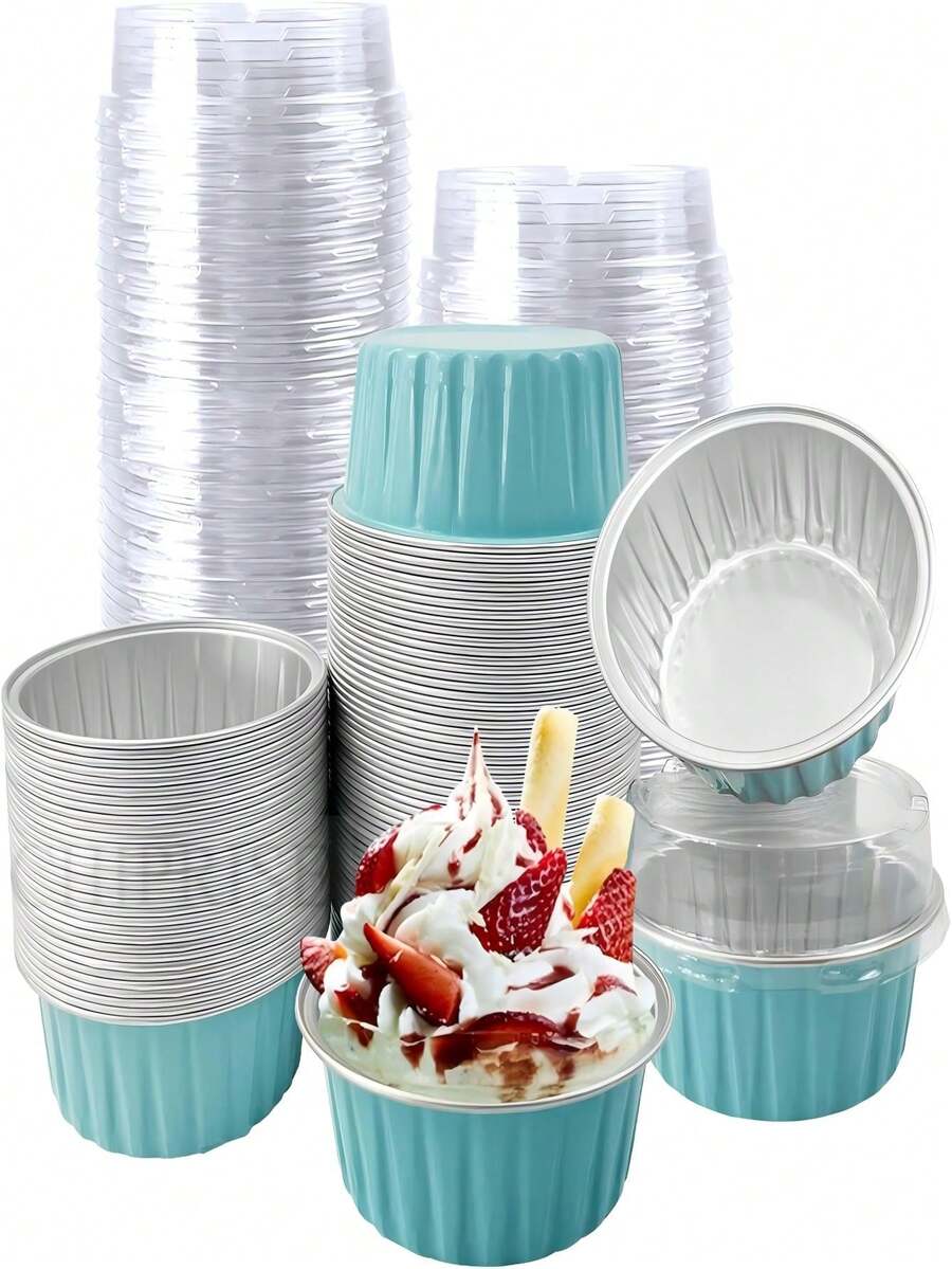 CHIPRISE 100-Piece Set (50 Cups + 50 Lids) Mini Cheesecake Containers With Lids, Paper Cupcake Liners, Disposable Aluminum Foil Cream Pudding Pots, Mini Pie Pans With Lids - Ideal For Puddings, Custards, Mini Cakes, And Other Desserts. Perfect For Parties, Weddings, Outdoor Events, And Holidays Like Christmas And Halloween. - Màu xanh nhạt - Xem 1