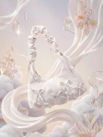 优雅女士手提包，饰有珍珠蝴蝶结，PU皮革简约纯色单肩包，甜美新月斜挎包，轻便手机袋，适合购物、送礼、上学、通勤。