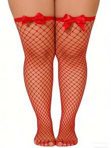 1双女士红色蝴蝶结网眼过膝袜，性感风格，缎面蝴蝶结装饰，适合情人节约会、圣诞派对、新年夜、烛光晚餐等场合，吸睛约会单品 - 彩色 - 查看 3