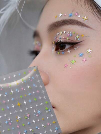 1张彩色四角星脸贴，自粘式化妆装饰，防水持久，Y2K甜美酷炫风格，音乐节派对氛围脸贴