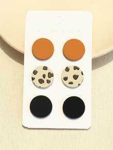 3 Pairs/1 Card Women's Deep Orange Polka Dot Print Ceramic Texture Personalized Round Acrylic Earrings - Multicolor - View 1